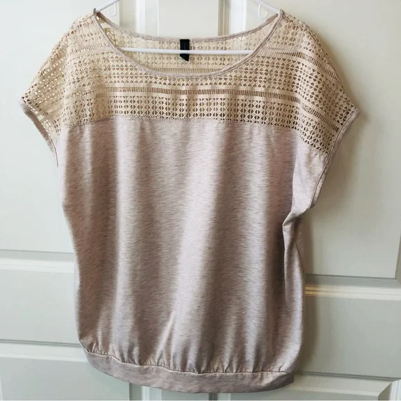 Lane Bryant pullover shirt cream lace yoke cap sleeves sz 18/20 band at bottom - Picture 1 of 12